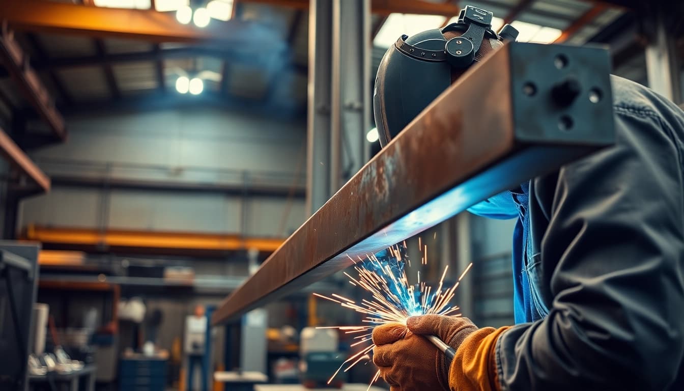Welding process for structural steel welding with sparks and a focused welder in a workshop.
