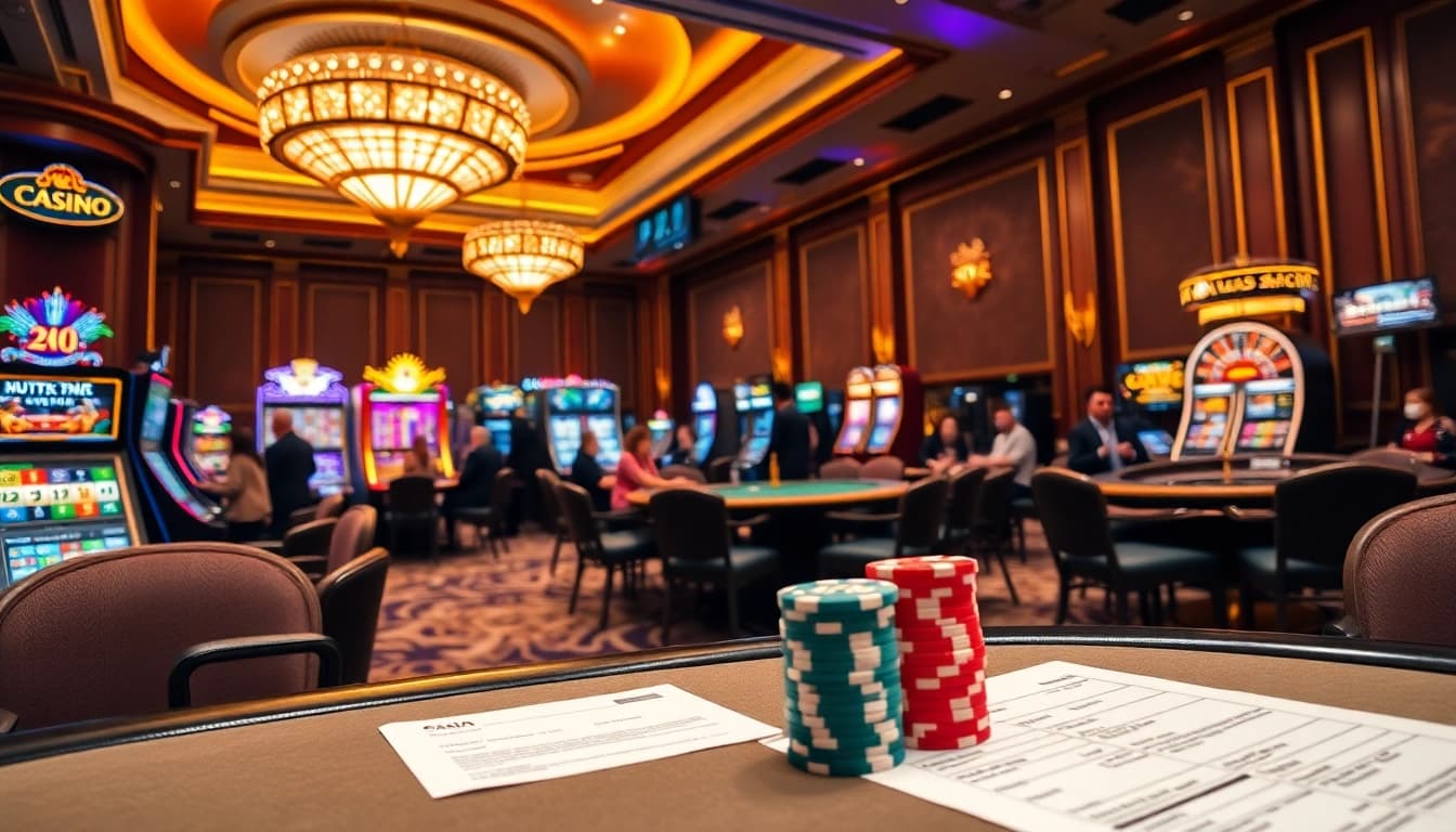 Players enjoying the thrill of gambling at layarkaca21 casino tables, featuring vibrant slot machines and poker chips.