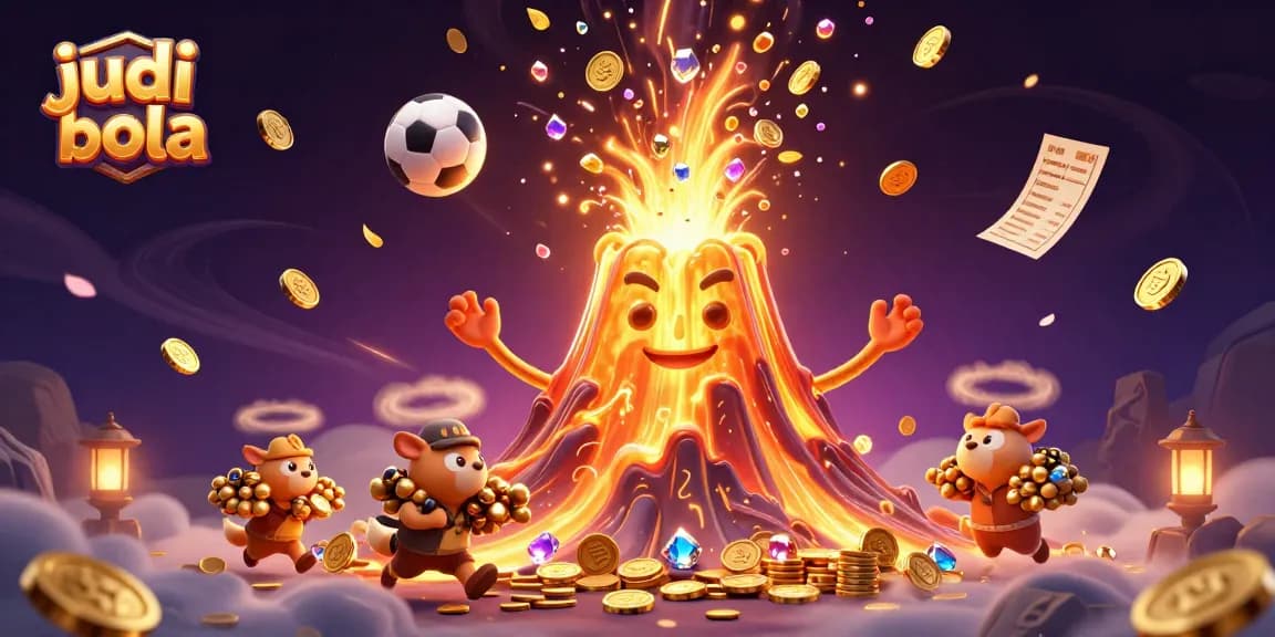 Experience thrilling judi bola action with a victorious golden volcano and sports elements surrounding treasure.
