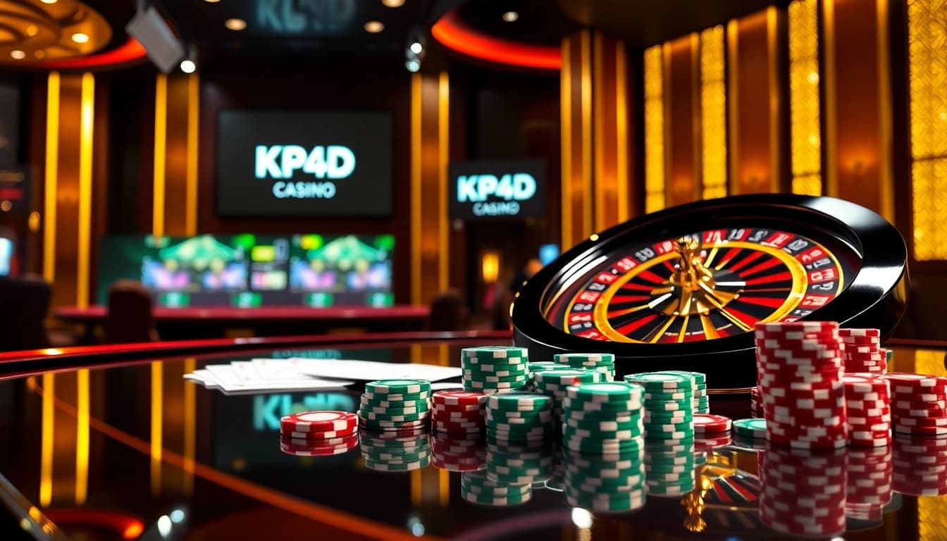 Engaging scene of KPI4D casino with roulette wheel and poker chips.