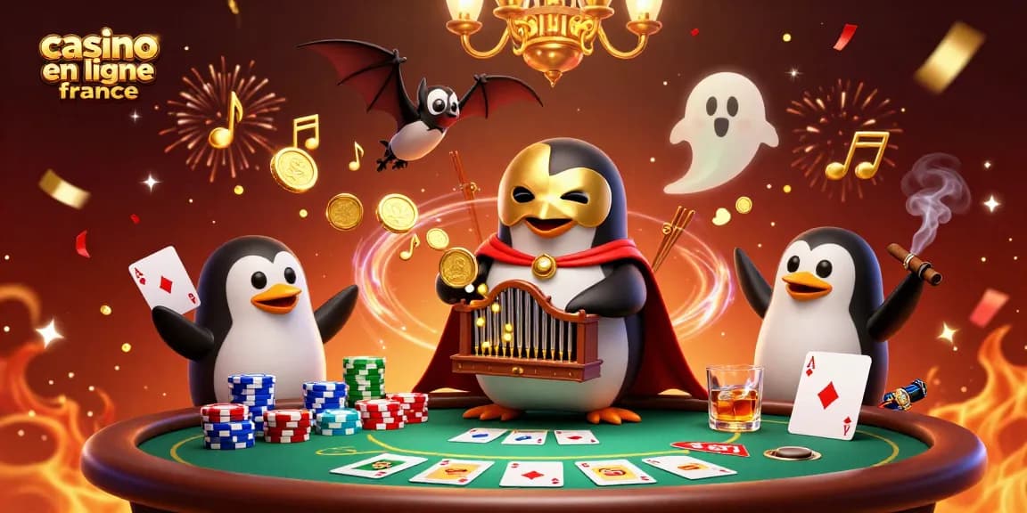 Illustration avec un pingouin fantôme opérant un orgue à pièces sur le thème du casino en ligne France.