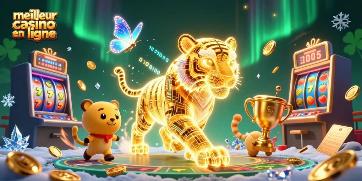 Visualisez le meilleur casino en ligne avec le tigre doré et les machines à sous en pleine action.