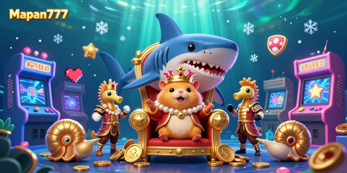 Experience the vibrant Mapan777 gaming world with a golden hamster king and seahorse guards in a lively casino scene.