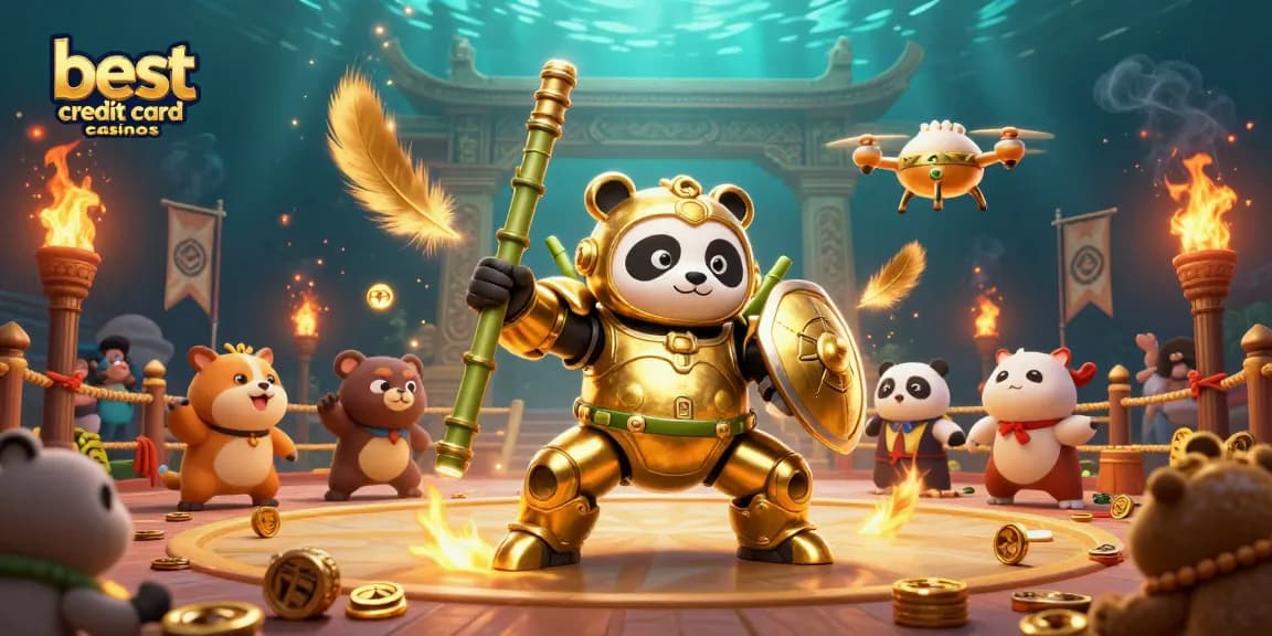 Experience the best credit card casinos with vibrant 3D illustration featuring a golden panda in a dynamic casino setting.