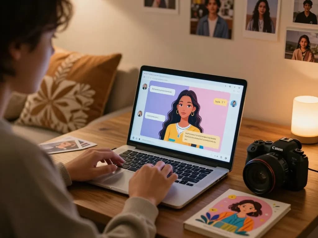 Engaging conversation with an AI girlfriend in a cozy home setting.