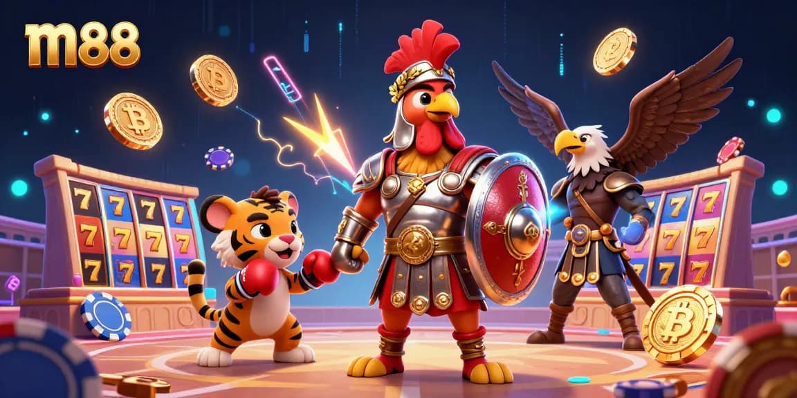 Experience exhilarating wins at m88 with a lively 3D cartoon scene featuring a gladiator rooster in a dazzling colosseum arena.