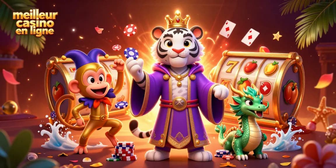 Le meilleur casino en ligne présente un tigre blanc élégant et un singe doré jonglant avec des jetons de poker.