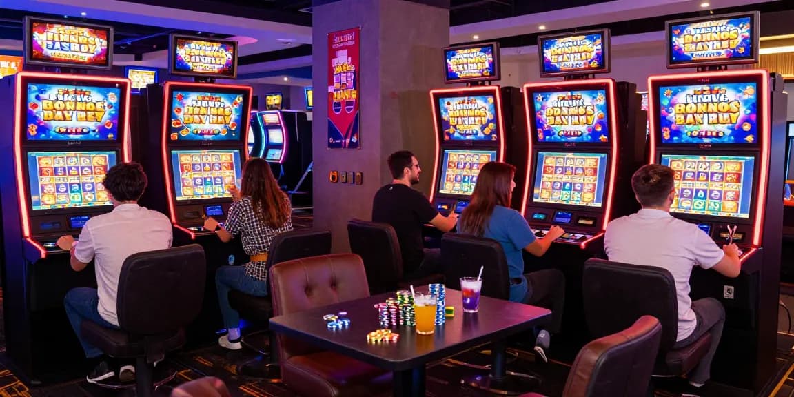 Exciting casino scene showcasing players at bonus buy slots, reflecting the vibrant experience at https://trustresearch.org.uk/.
