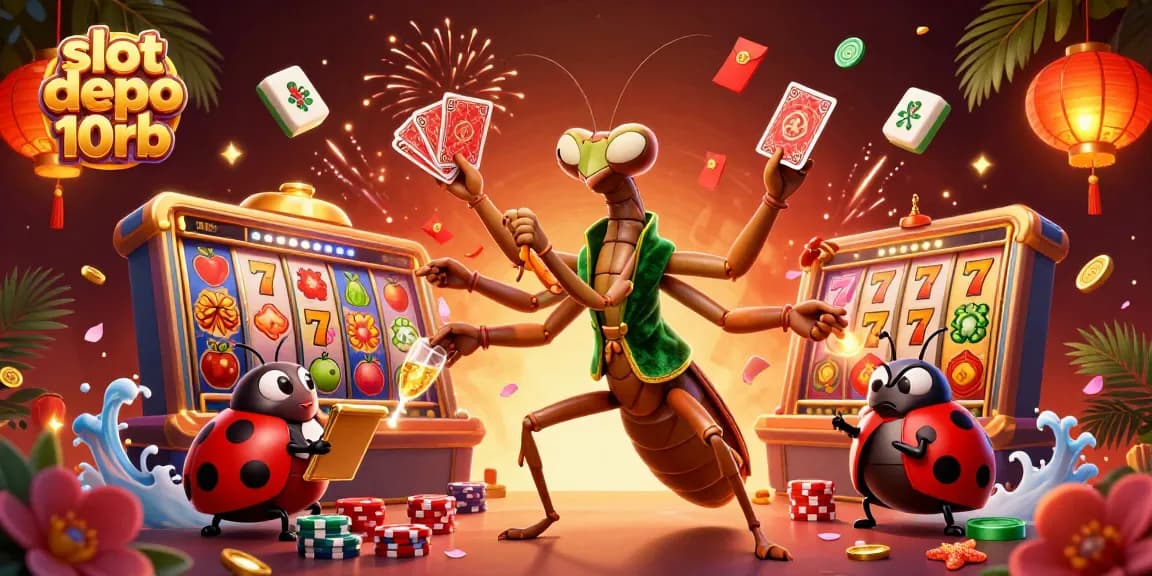 Experience the thrill of slot depo 10rb with a giant praying mantis dealer and vibrant casino elements.