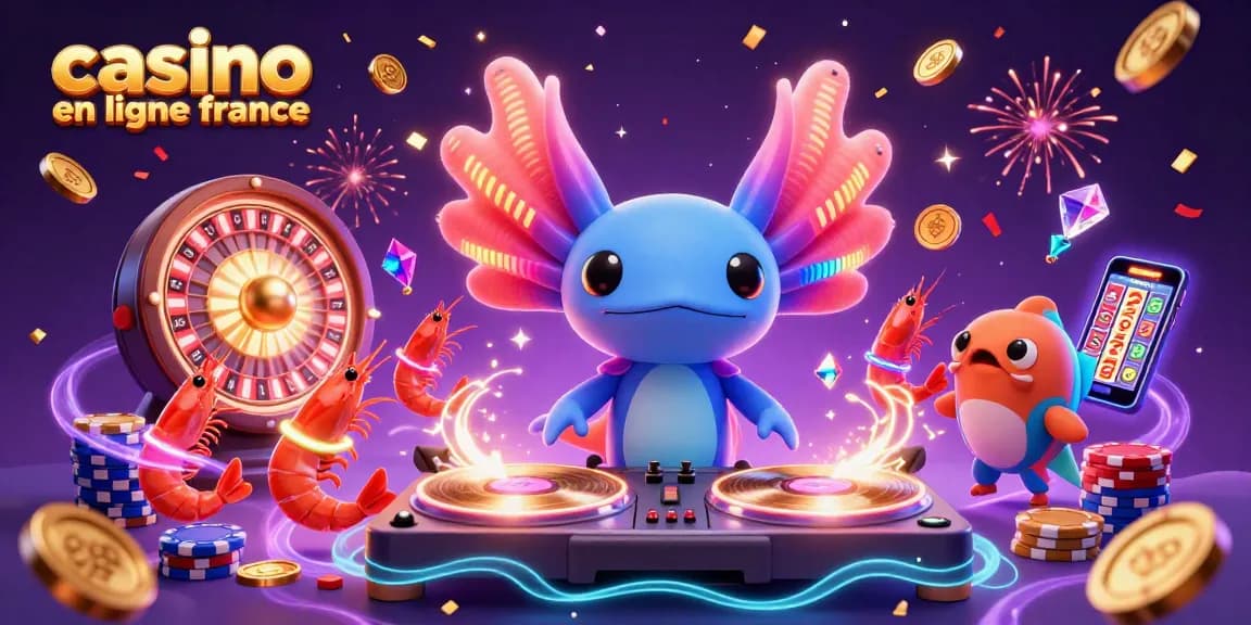 Casino en ligne France avec un DJ axolotl montrant des gains excitants dans un environnement aquatique.