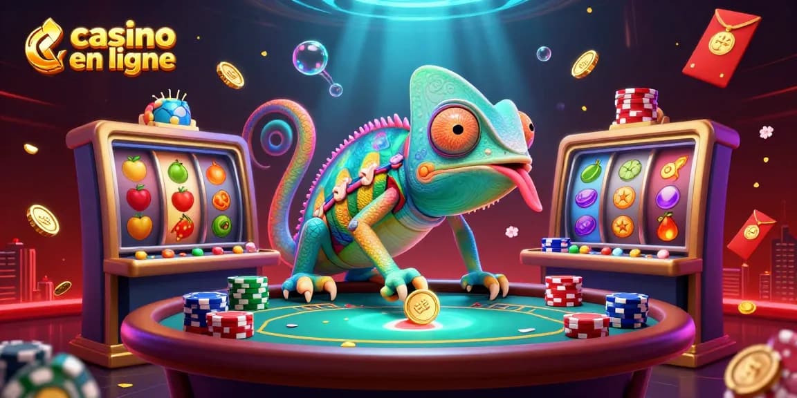 Casino en ligne avec un caméléon propriétaire et des rouleaux de machines à sous en arrière-plan.