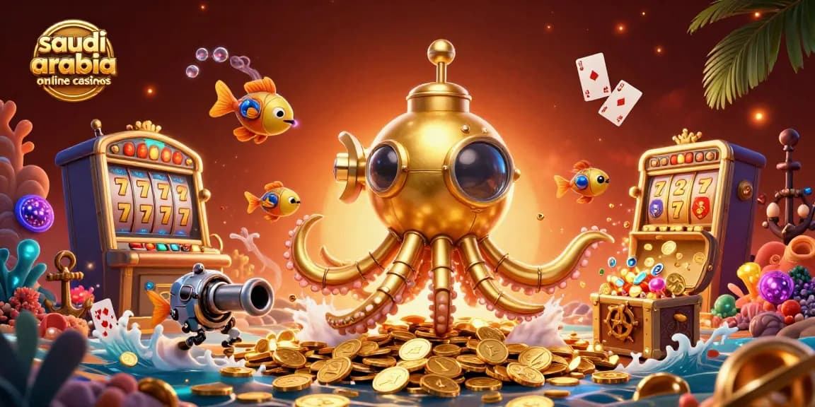 Engage with saudi arabia online casinos through vibrant 3D illustration of a kraken submarine amidst treasure and slots.
