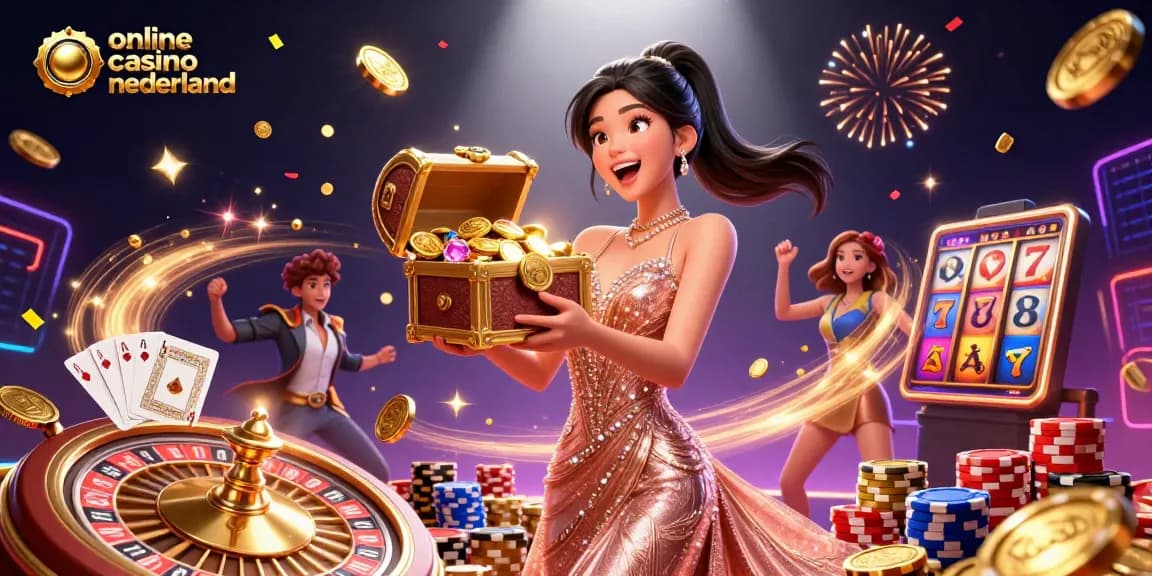Exciting scene featuring online casino nederland with a joyfully presenting woman amidst treasure and casino elements.