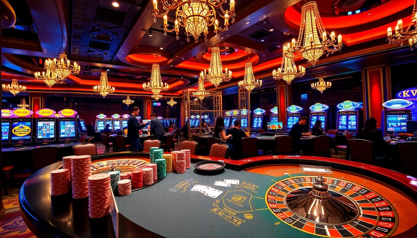 Players engage in thrilling games at nk88 casino with vibrant tables and luxury decor.
