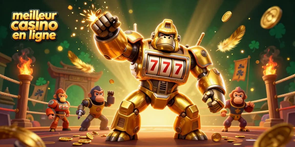 Vivez le meilleur casino en ligne avec cette illustration de gorille en or transformable et des éléments de jeu captivants.