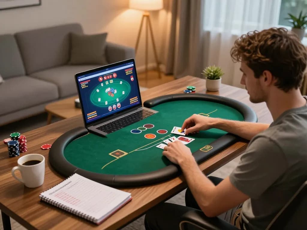 w 88 online poker game strategy at home with laptop and notes