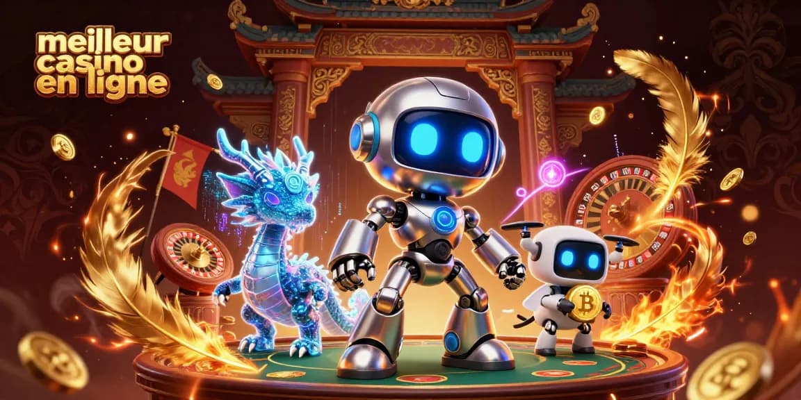 Image illustrant le meilleur casino en ligne avec un robot cyberpunk, un dragon AI et un drone portant un bitcoin.