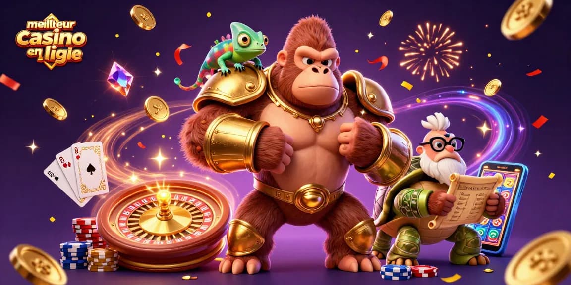 Jouez au meilleur casino en ligne avec un roi gorille en armure et ses compagnons colorés.