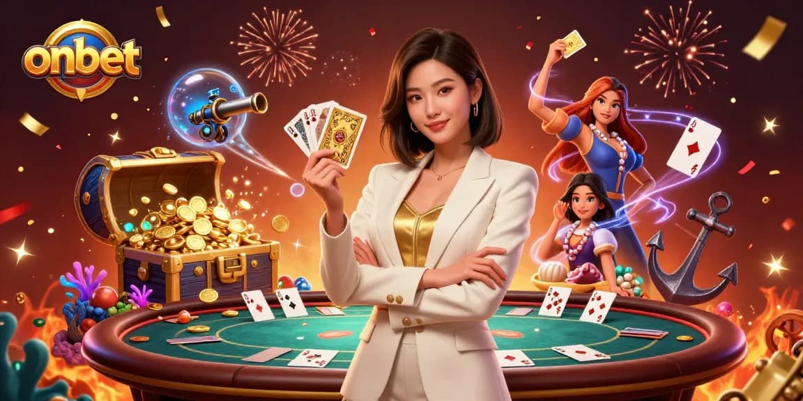 Win big with onbet in a vibrant casino scene showcasing a powerful Asian businesswoman.