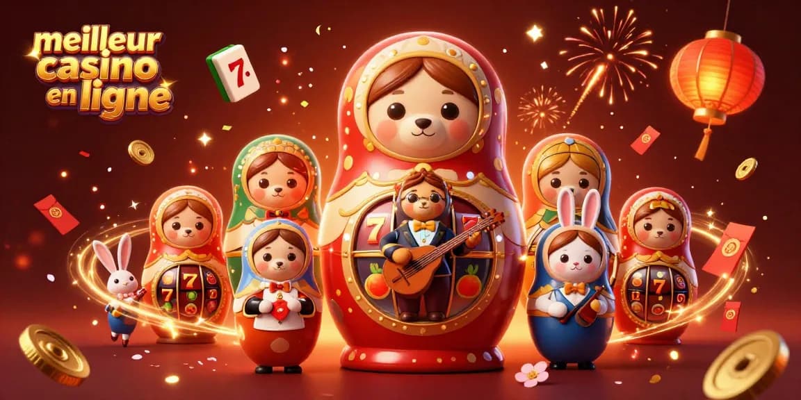 Jouer au meilleur casino en ligne avec une scène festive de personnages de casino en 3D.