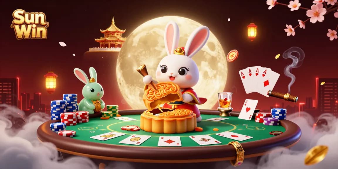 Join the excitement at Sun Win as our moon rabbit reveals hidden poker chips, surrounded by vibrant casino elements
