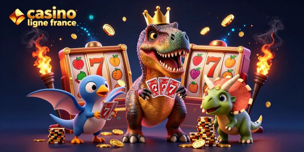 Illustration dynamique de casino en ligne en France avec un T-Rex qui joue aux cartes, des jetons en or et des machines à sous.