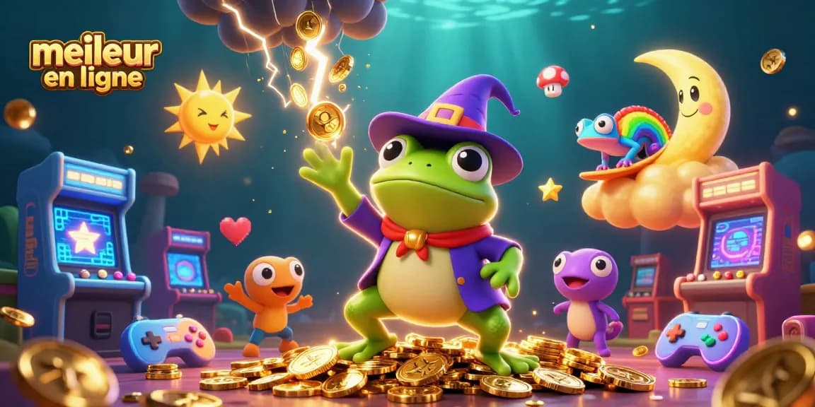 Découvrez le meilleur casino en ligne avec cette illustration animée et captivante de pièces d'or et de jeux.
