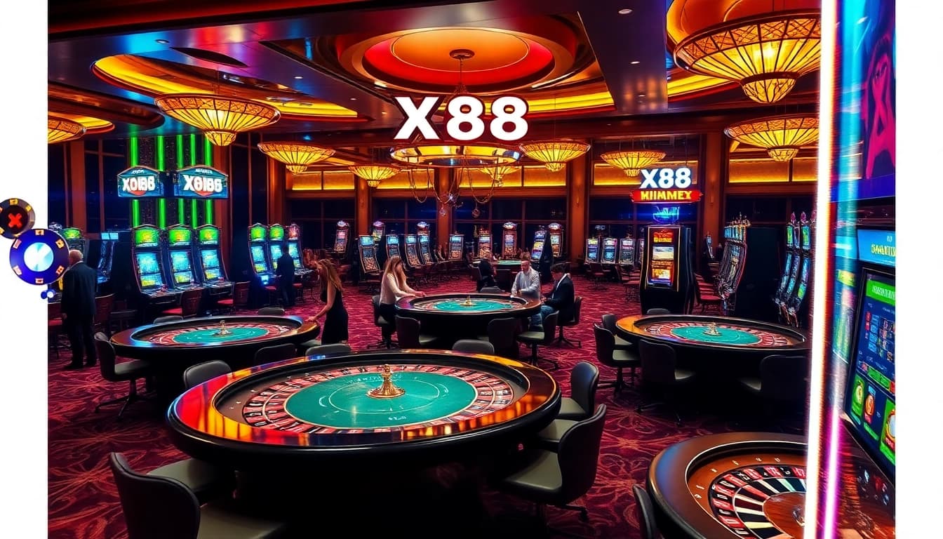 Players enjoying thrilling games at XX88 online casino with vibrant slot machines and poker tables.
