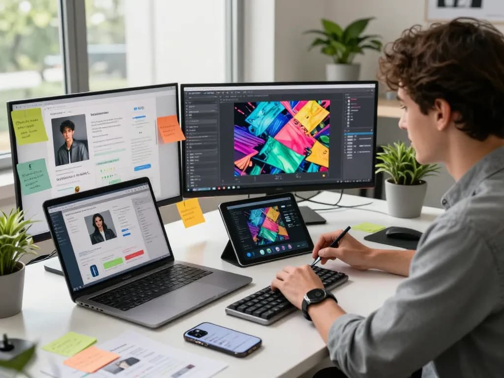 Dynamic tech workspace with image to prompt tool on laptop, inspiring creativity