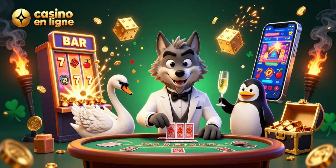 Jouez à casino en ligne avec une illustration captivante de personnages festifs et d'éléments de jeu.
