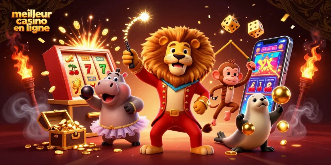 Profitez du meilleur casino en ligne avec cette illustration animée captivante d'un carnaval de jeux.