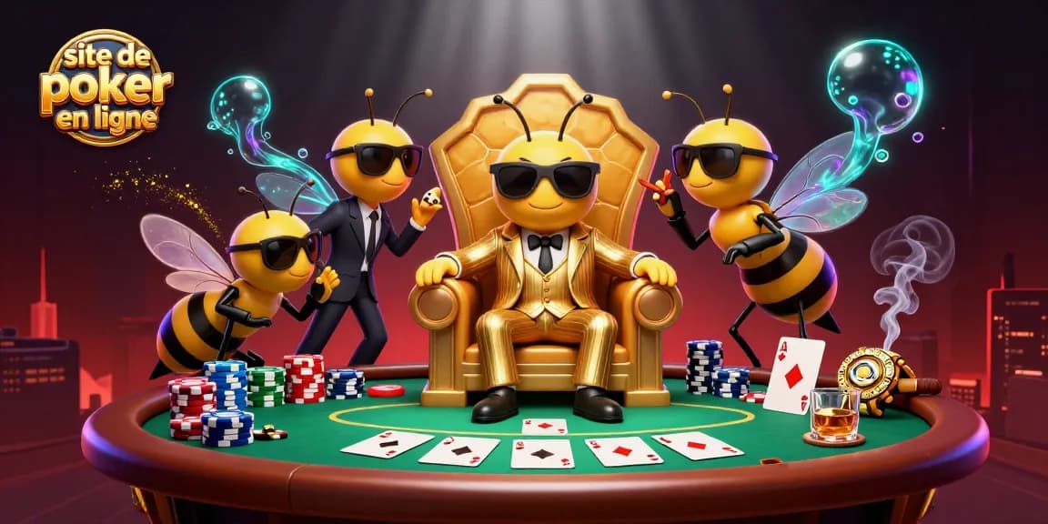 Jouez sur le site de poker en ligne avec un décor vivant et des personnages animés autour d'une table de poker.