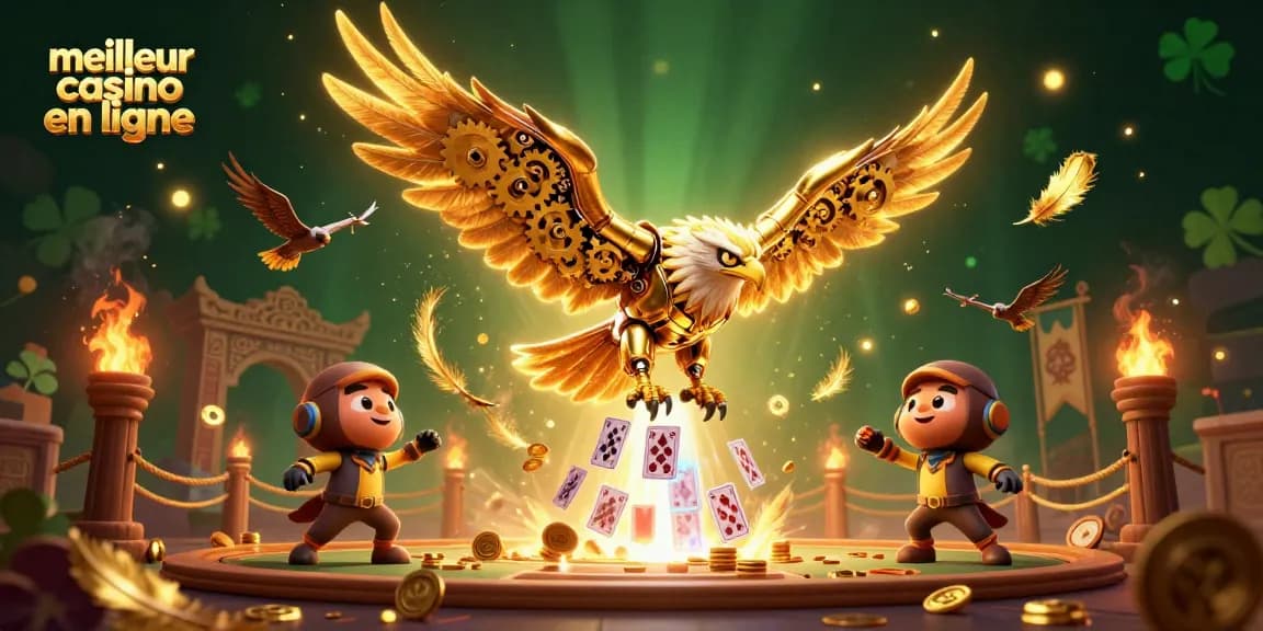Vivez l'expérience de jeu au meilleur casino en ligne avec des cartes holographiques et un aigle doré.