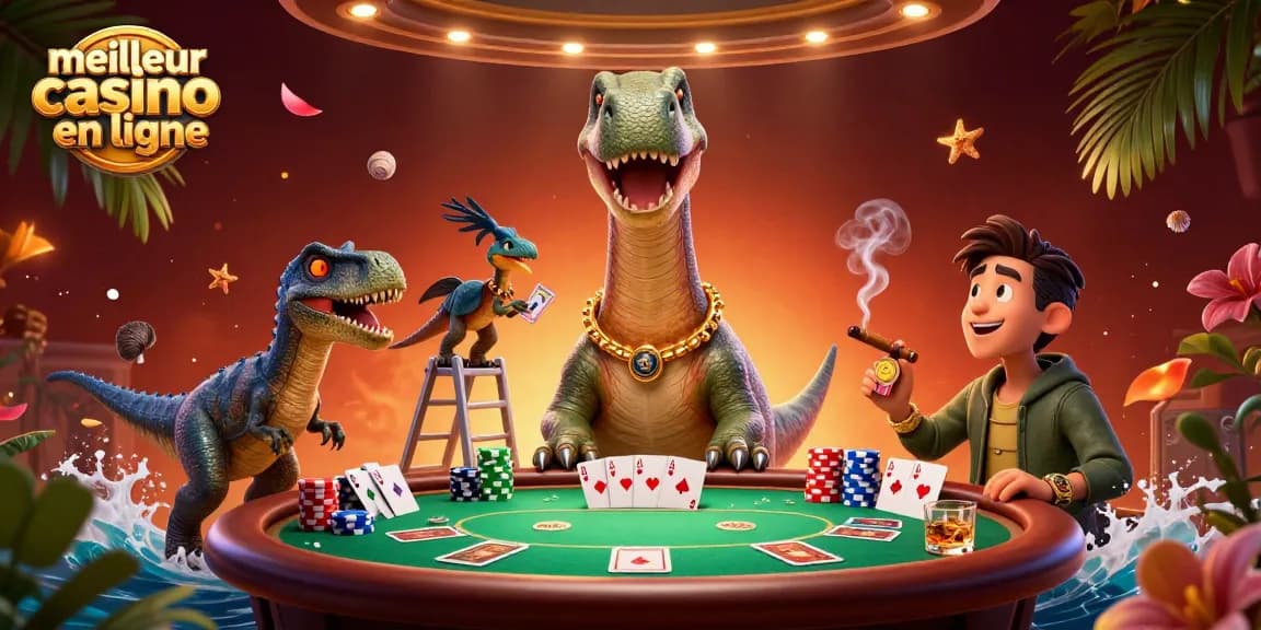 Jouez au meilleur casino en ligne avec un brontosaurus géant et une scène de poker animée