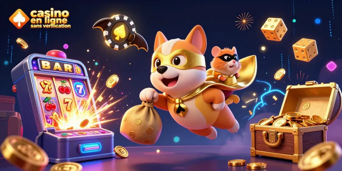 Participez à un gameplay passionnant sur casino en ligne sans vérification avec un chien super-héros et un hamster, entourés d'éléments dynamiques de casino.