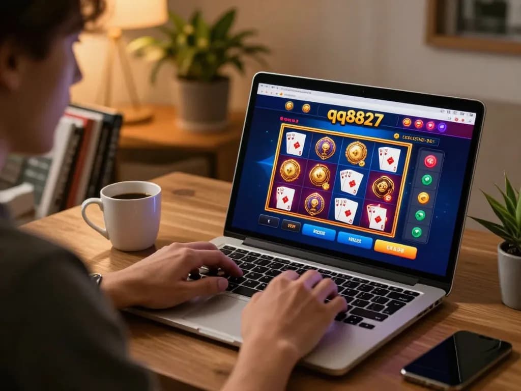 Player enjoying an online casino session at home with qq8827 interface visible on laptop