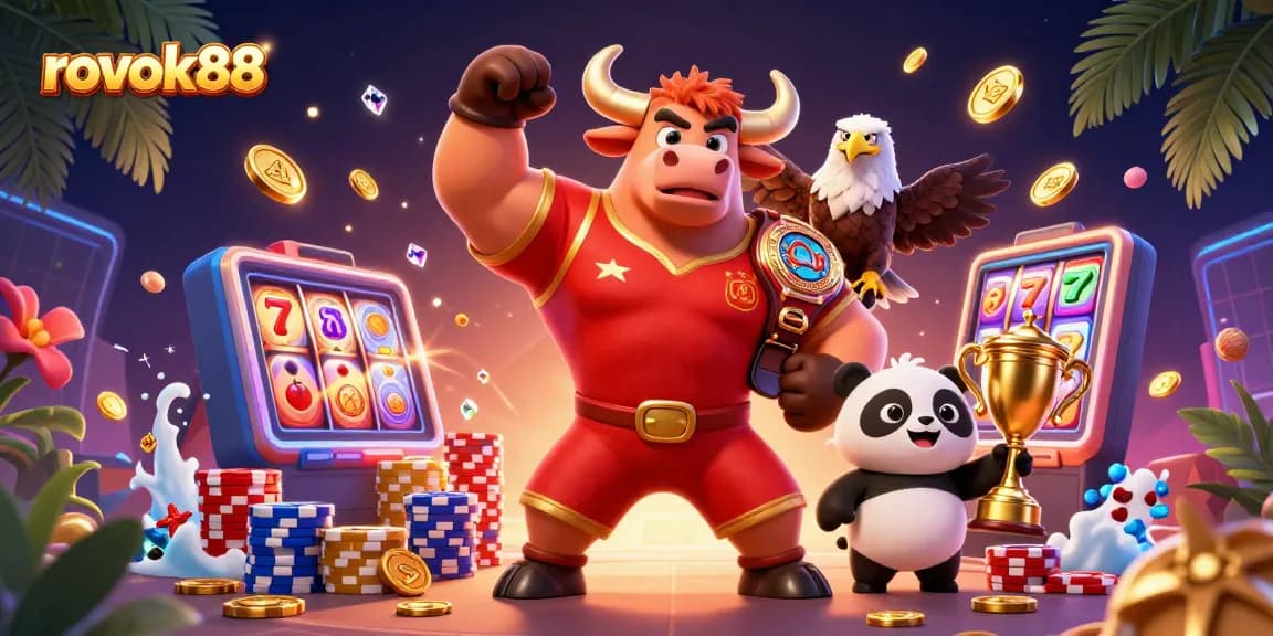 Win exciting rewards with rokok88 in this vibrant casino-themed illustration featuring cartoons.