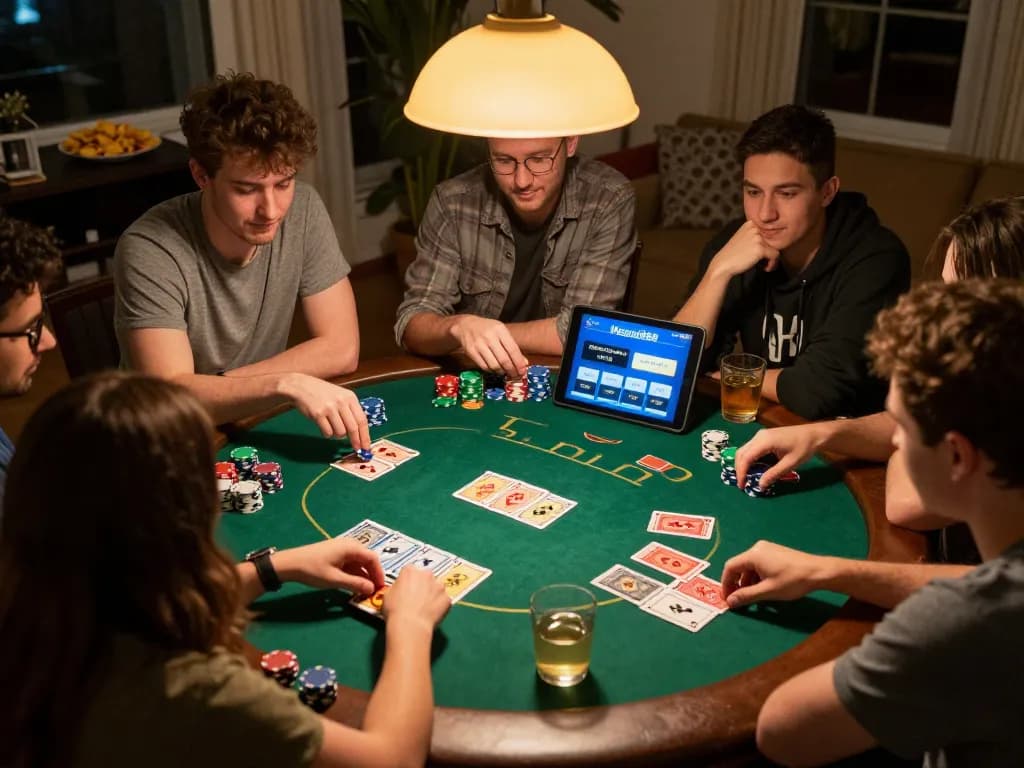 Players enjoying poker with free credit mega888 showcased on tablet during home game night