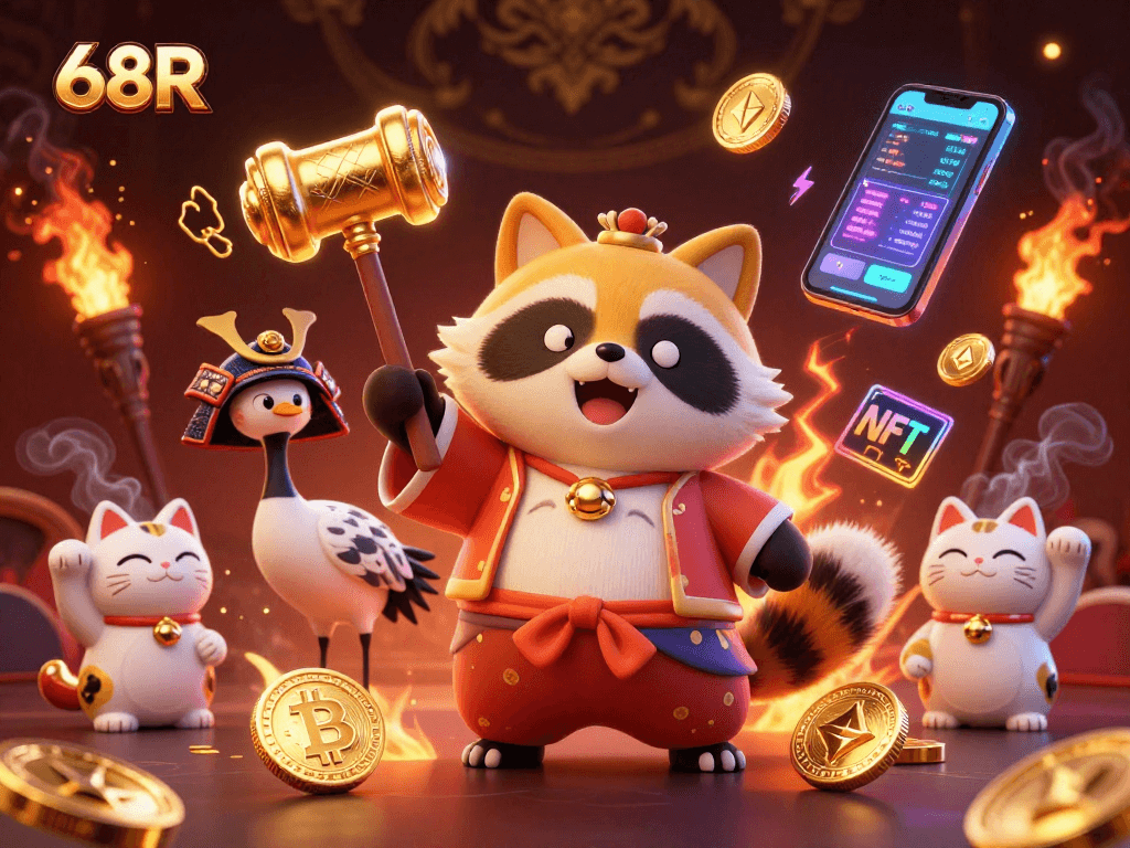 68R promociona um cassino vibrante com um tanuki, um crane e gatos da sorte