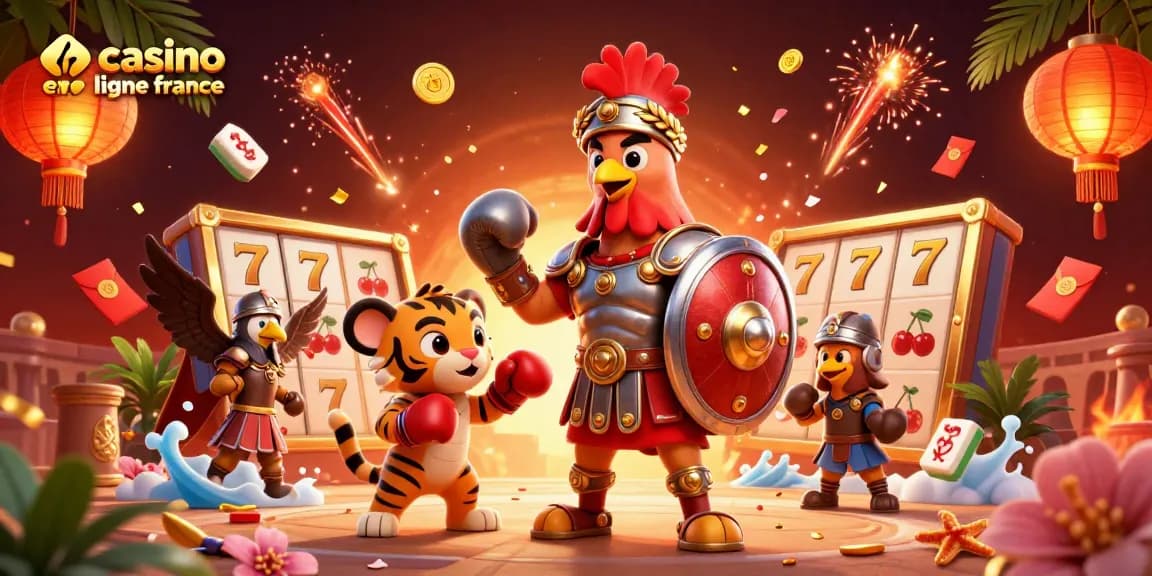 Illustration dynamique d'un casino en ligne France avec des personnages en armure et des éléments de jeux flottants