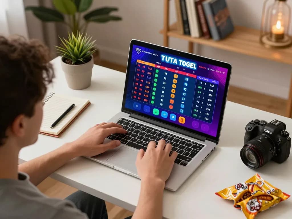 Engaging home gamer predicts numbers in GTA togel while enjoying a cozy setup.