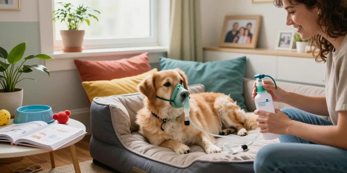 Pet Oxygen therapy with a dog receiving care in a cozy home environment, showcasing the bond between pets and owners.