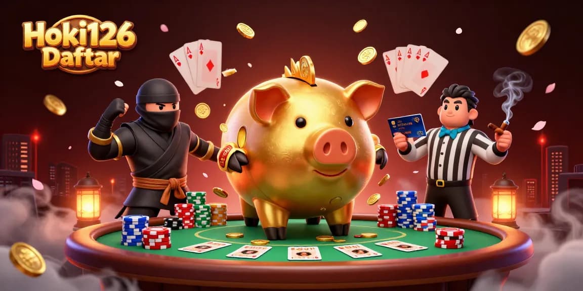 Experience thrilling action with Hoki126 Daftar in a vibrant 3D casino scene showcasing a golden piggy bank sumo wrestler.