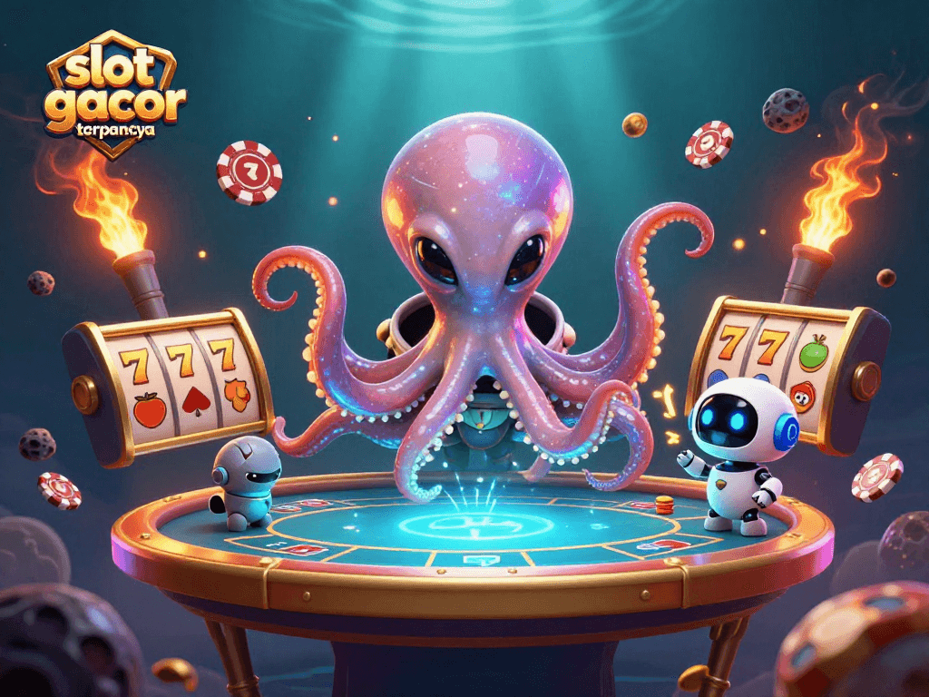 Menang di slot gacor terpercaya dengan ilustrasi 3D alien dan robot di meja poker.