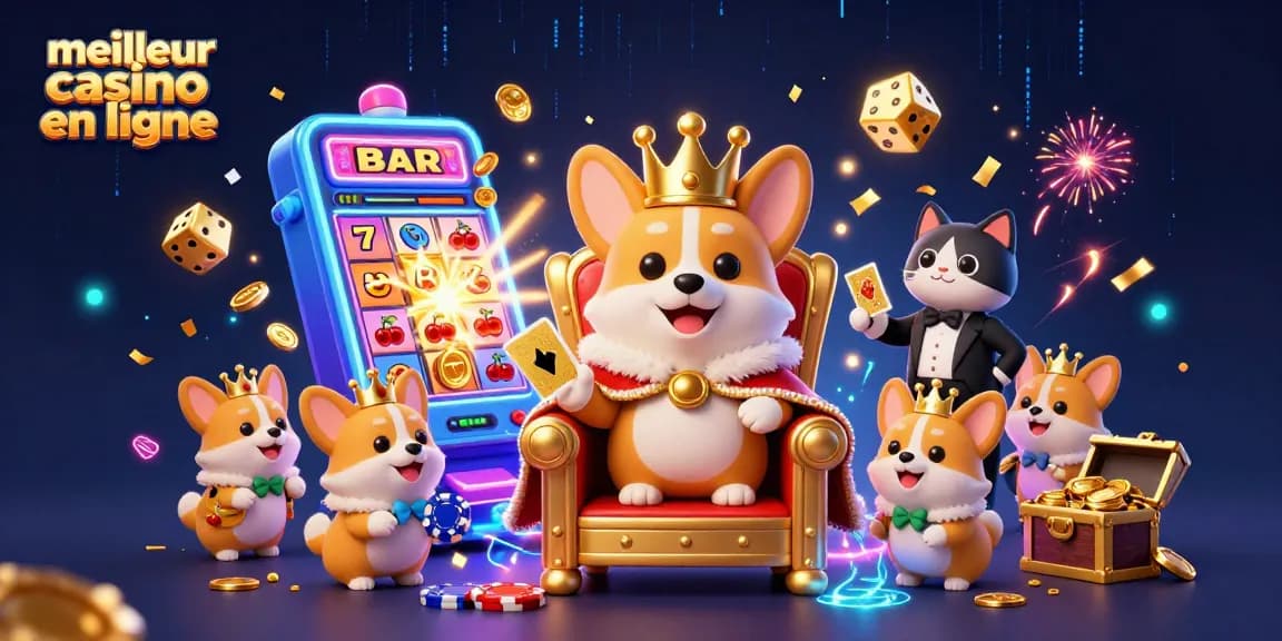 Représentation dynamique d'un meilleur casino en ligne avec des personnages de croupiers et des éléments de jeux de casino.