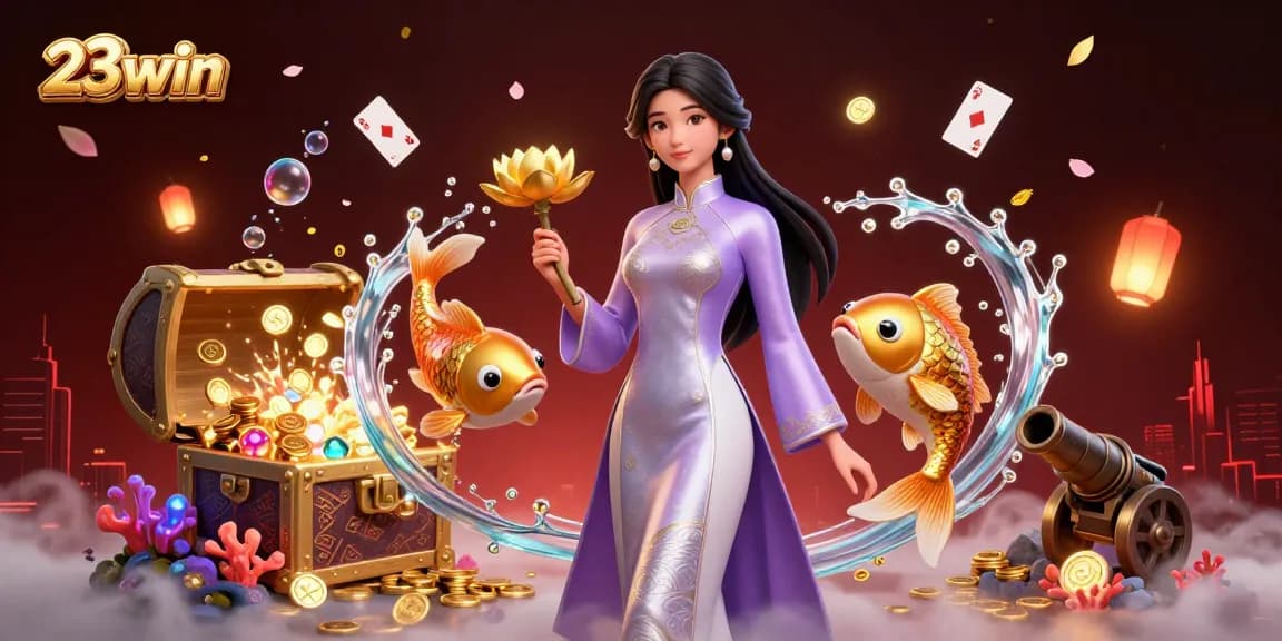 Engage with thrilling gaming at 23win, where a mesmerizing Asian woman holds a golden lotus amidst a vibrant underwater casino.