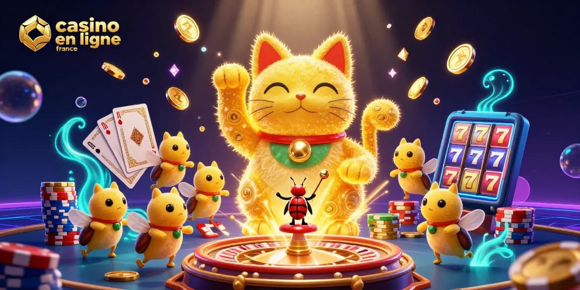 Un chat porte-bonheur en forme de lucioles dorées, célébrant le casino en ligne France avec des pièces et des gemmes scintillantes