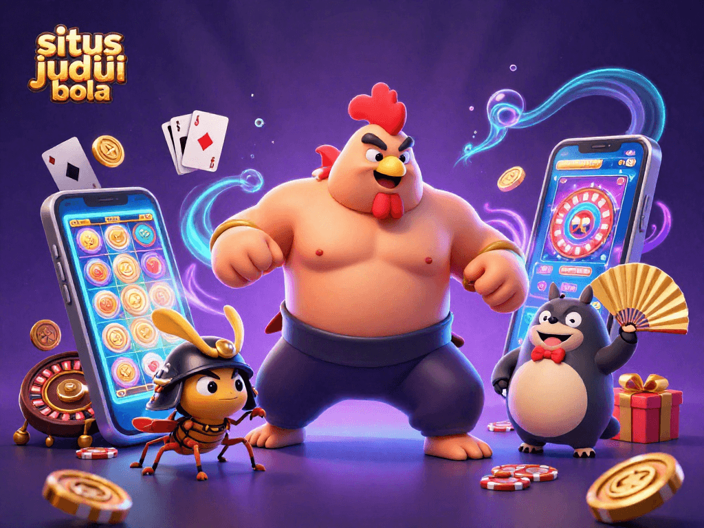 Situs judi bola offers exciting sports betting action with a dynamic 3D illustration of a sumo wrestler, cricket, and tanuki.