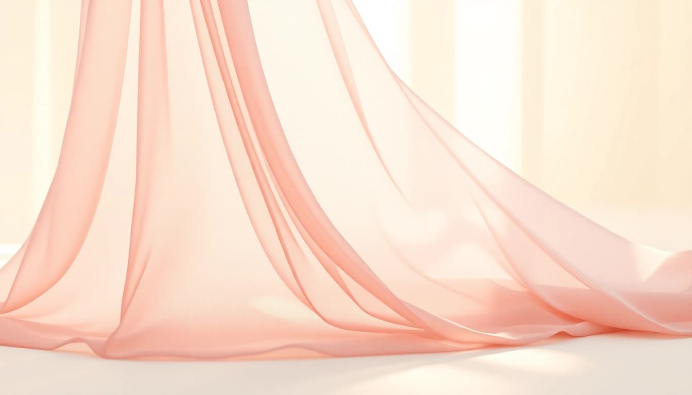 Chiffon stof in zachte pastelkleuren met delicate textuur en lichteffecten.