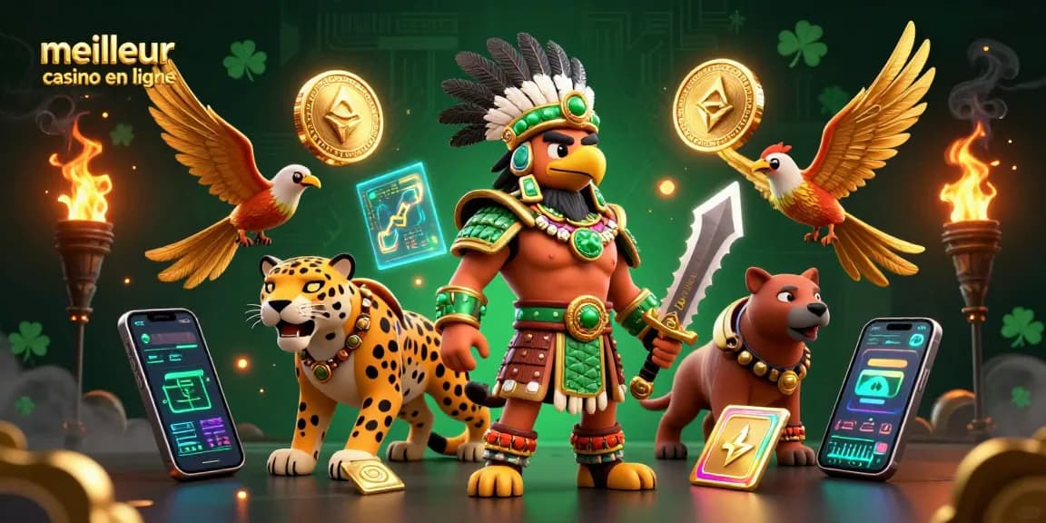 Jouez sur le meilleur casino en ligne avec des personnages de guerre aztèque et des éléments de crypto-monnaie.